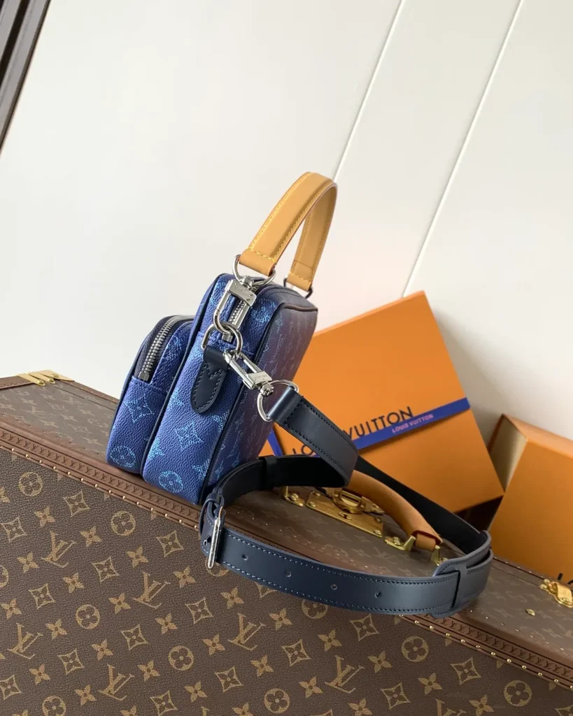 Blue Monogram Dual Zip Camera Bag — side view