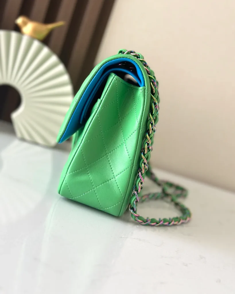 Bright Green Iridescent-Accent Flap Bag — side view