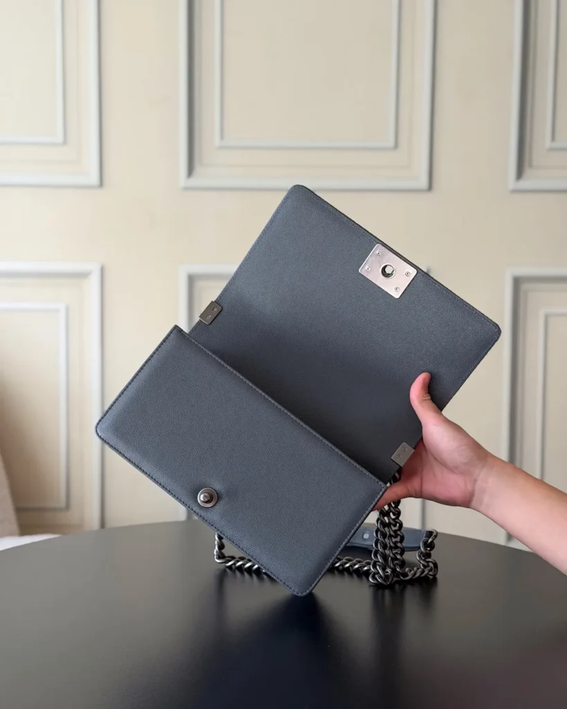 Charcoal Quilted Frame Flap Chain Bag — open flap view