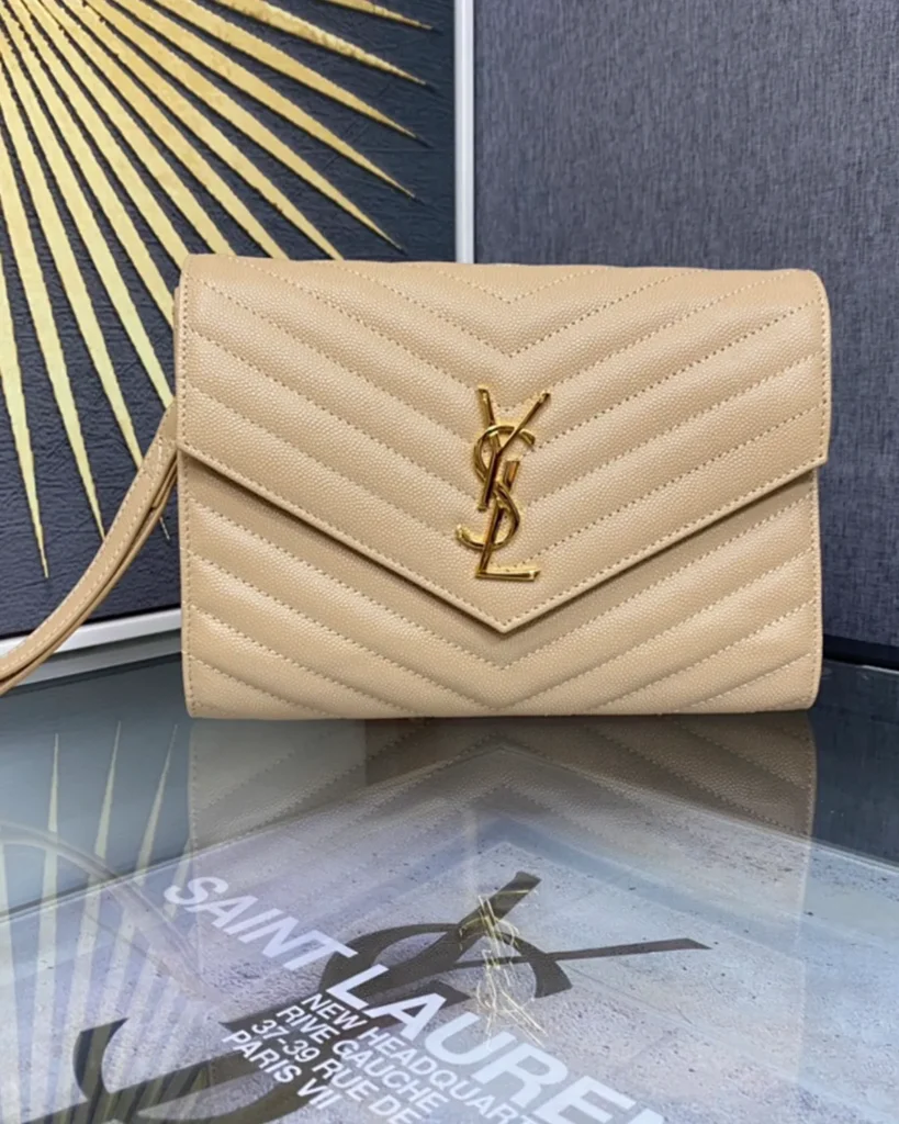 Beige Chevron Envelope Chain Wallet — front view