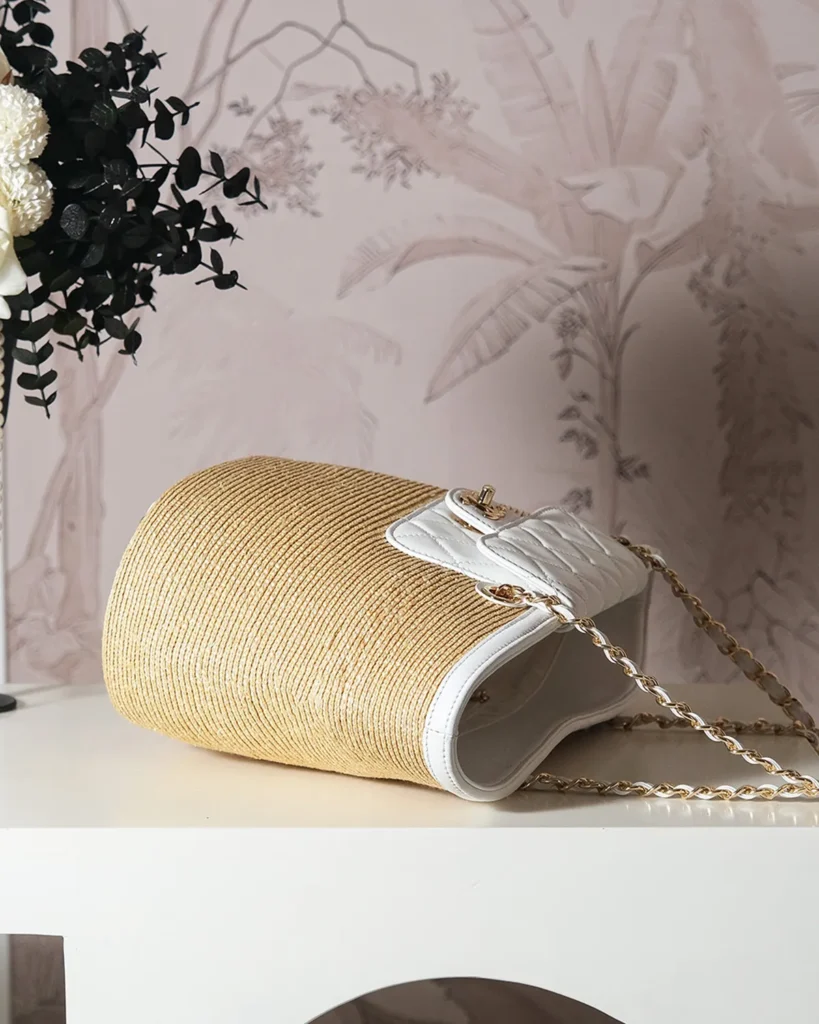 Natural-Tone Woven-Look White-Trim Tote — side view