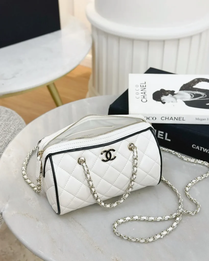 White and Black Quilted Chain Bowler Bag — overhead view