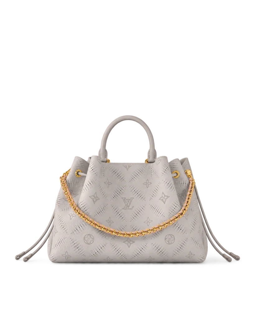 Pale Gray Perforated Monogram Chain Tote — upright front view