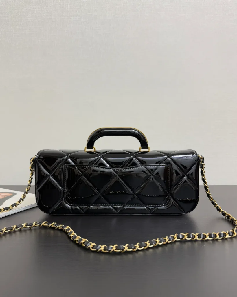 Glossy Black Quilted Handle Clutch — rear view