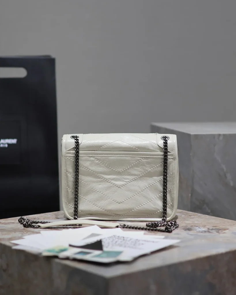 Ivory Crinkled Chevron Chain Bag — rear view