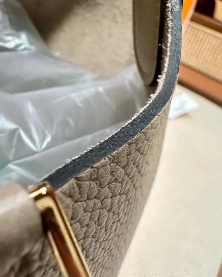 Picotin-Inspired 18 Beige Marfa Bucket Bag, edge detail view