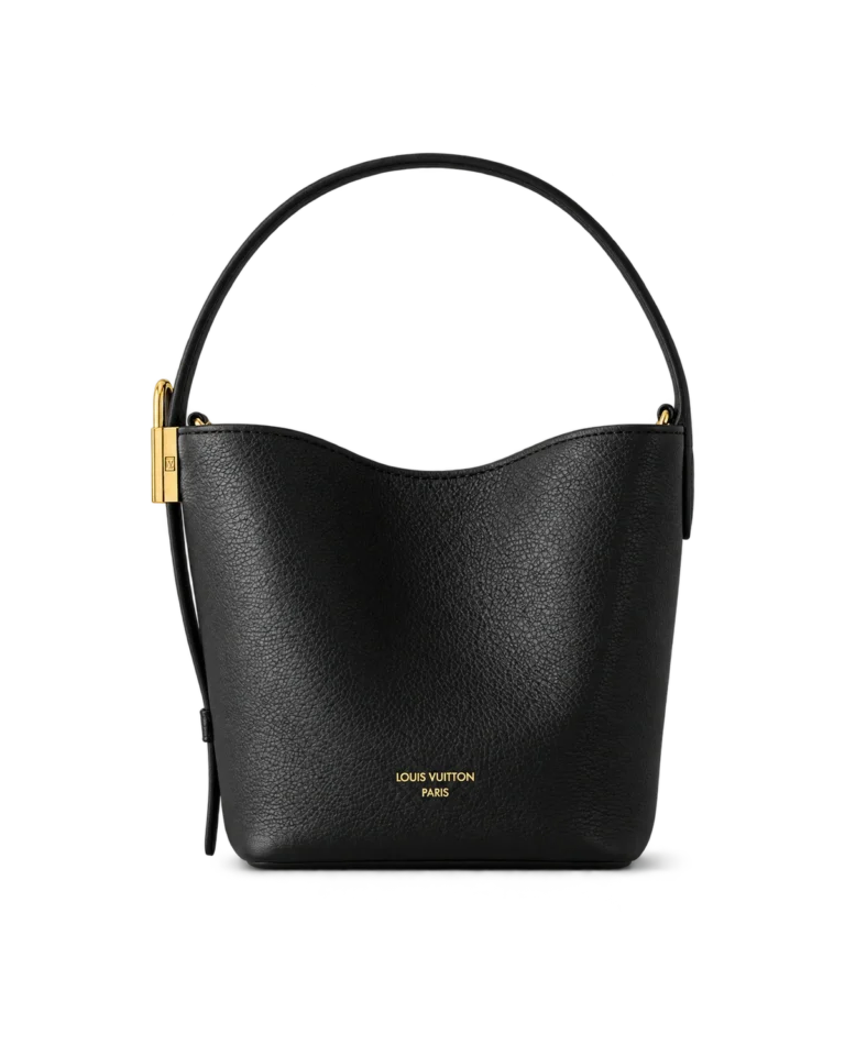 Black Curved Top Bucket Bag with Padlock — upright front view