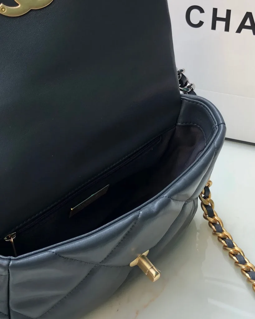 Black Quilted Mixed-Chain Flap Bag — open interior view