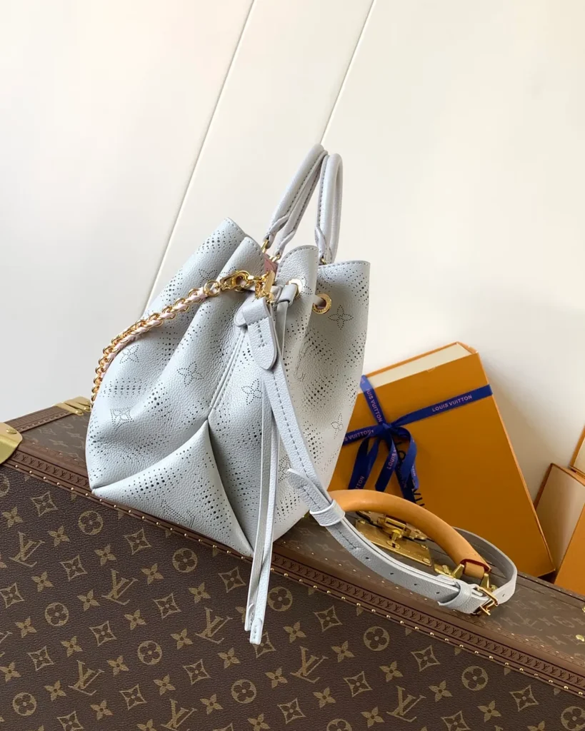 Pale Gray Perforated Monogram Chain Tote — side view
