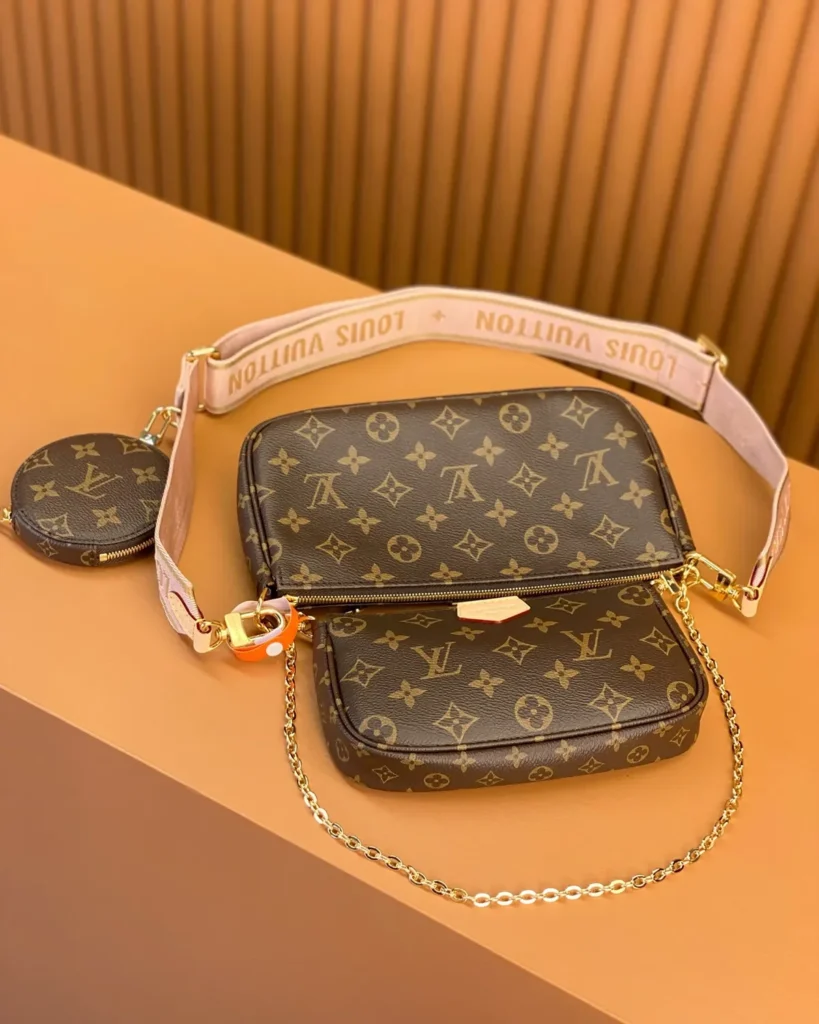 Brown Monogram Multi-Pouch Bag with Pink Strap — pouches view