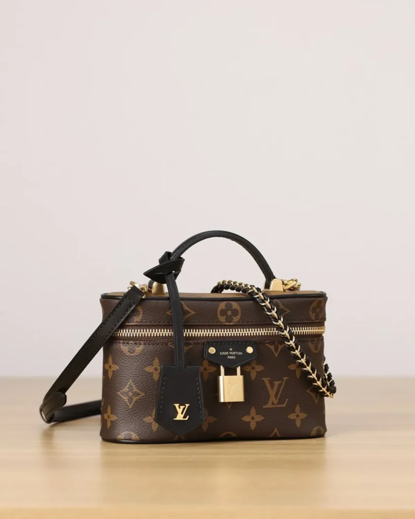 Brown Monogram Vanity Case with Padlock — angled front view