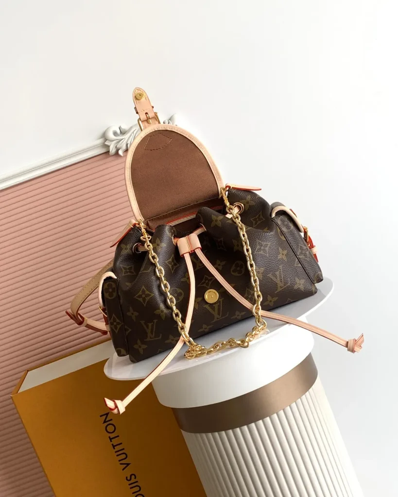 Brown Monogram Buckled Flap Satchel — open flap view