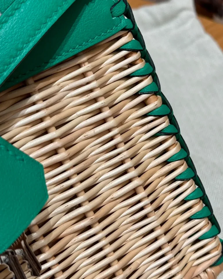 Birkin-Inspired 25 Green Woven Picnic Tote, woven body close-up