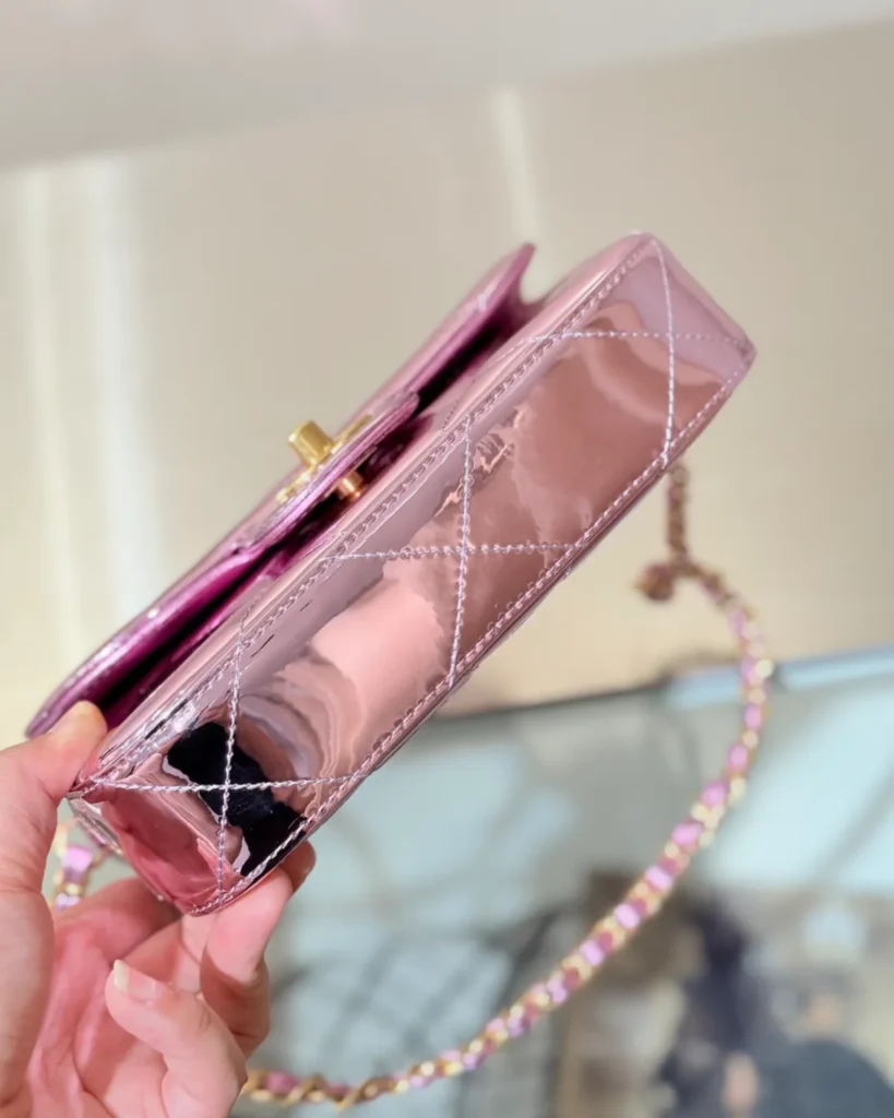 Metallic Pink Quilted Top-Handle Bag — base view