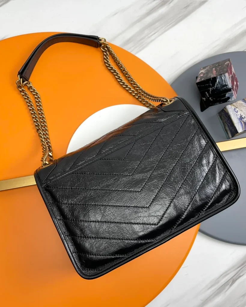 Black Crinkled Chevron Flap Shoulder Bag — rear view