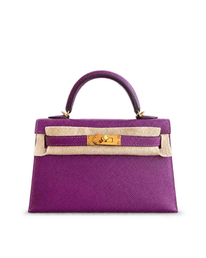 Kelly-Inspired Mini Anemone Purple Top-Handle Bag, front with protective felt