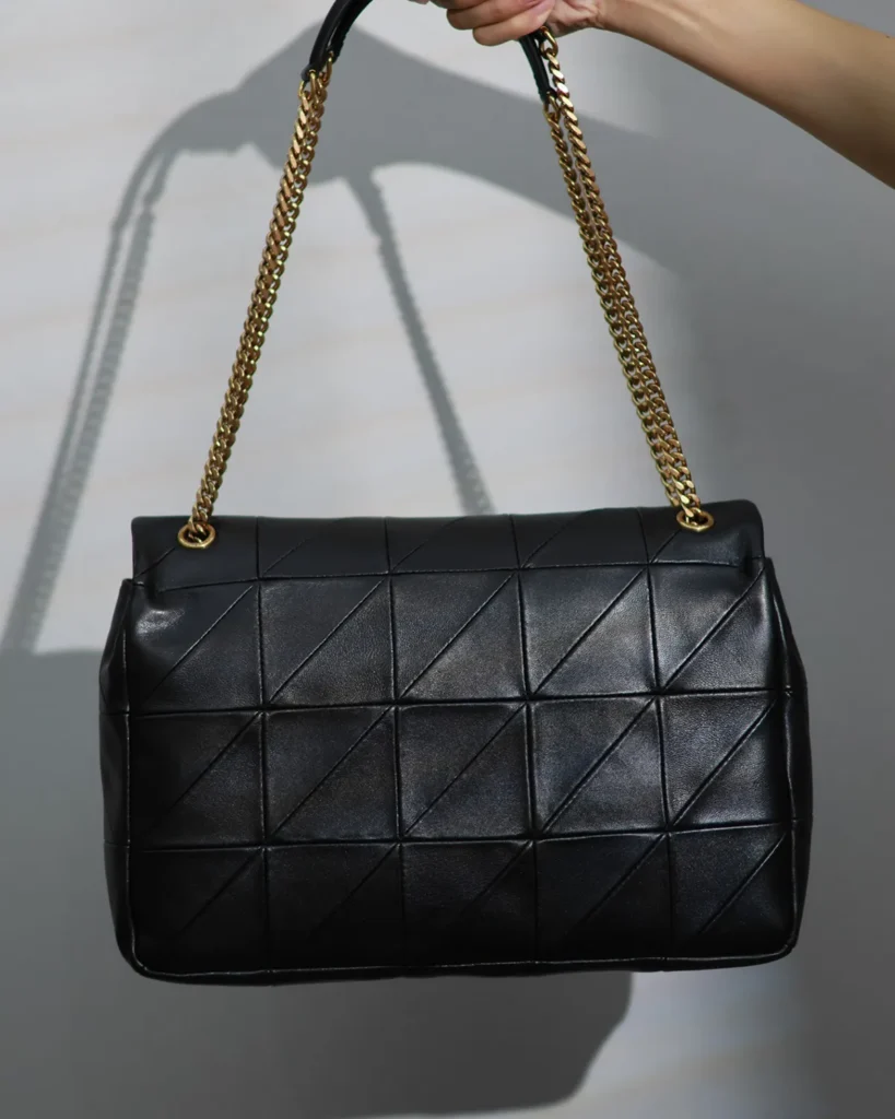 Black Geometric Quilted Flap Bag — rear view