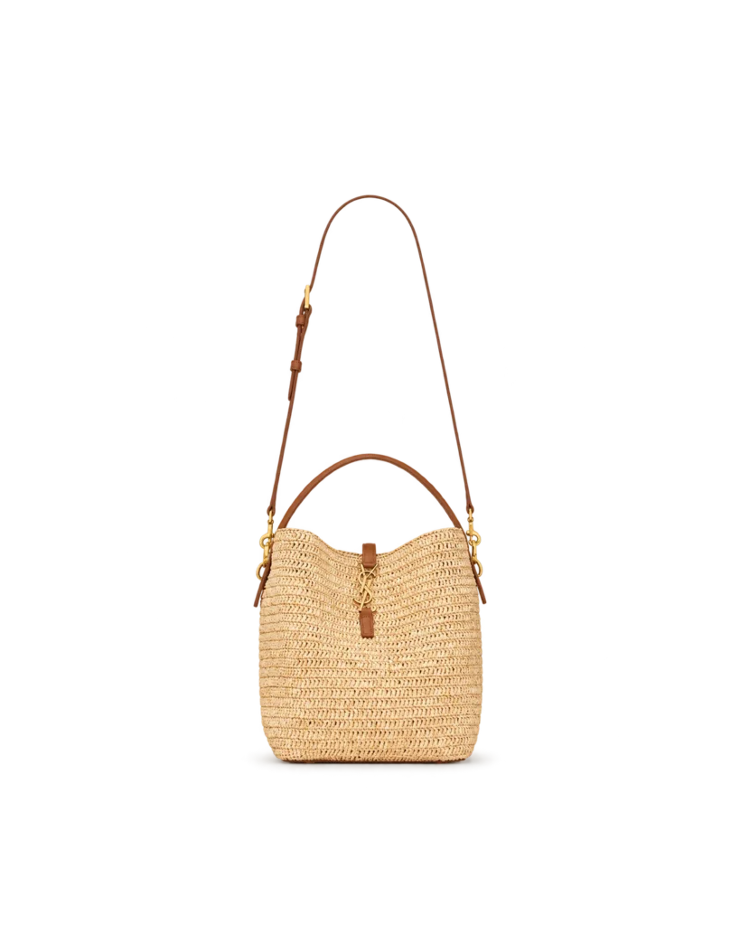Straw-Tone Woven Bucket Bag with Tan Trim — main view