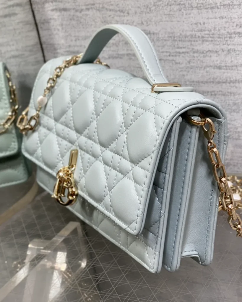 Pale Blue-Gray Quilted Top Handle Flap Bag — side view
