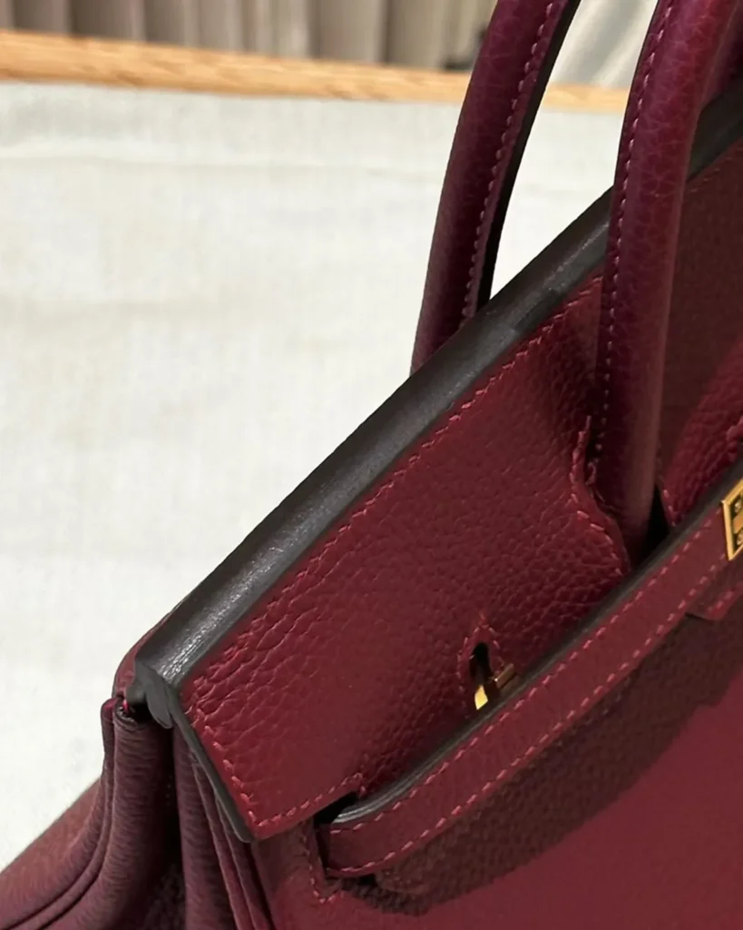 Burgundy Grained Top-Handle Bag — top edge view