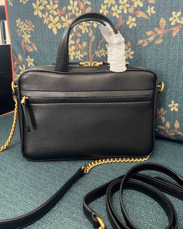 Black and Tan V-Panel Zip Top-Handle Bag — rear view