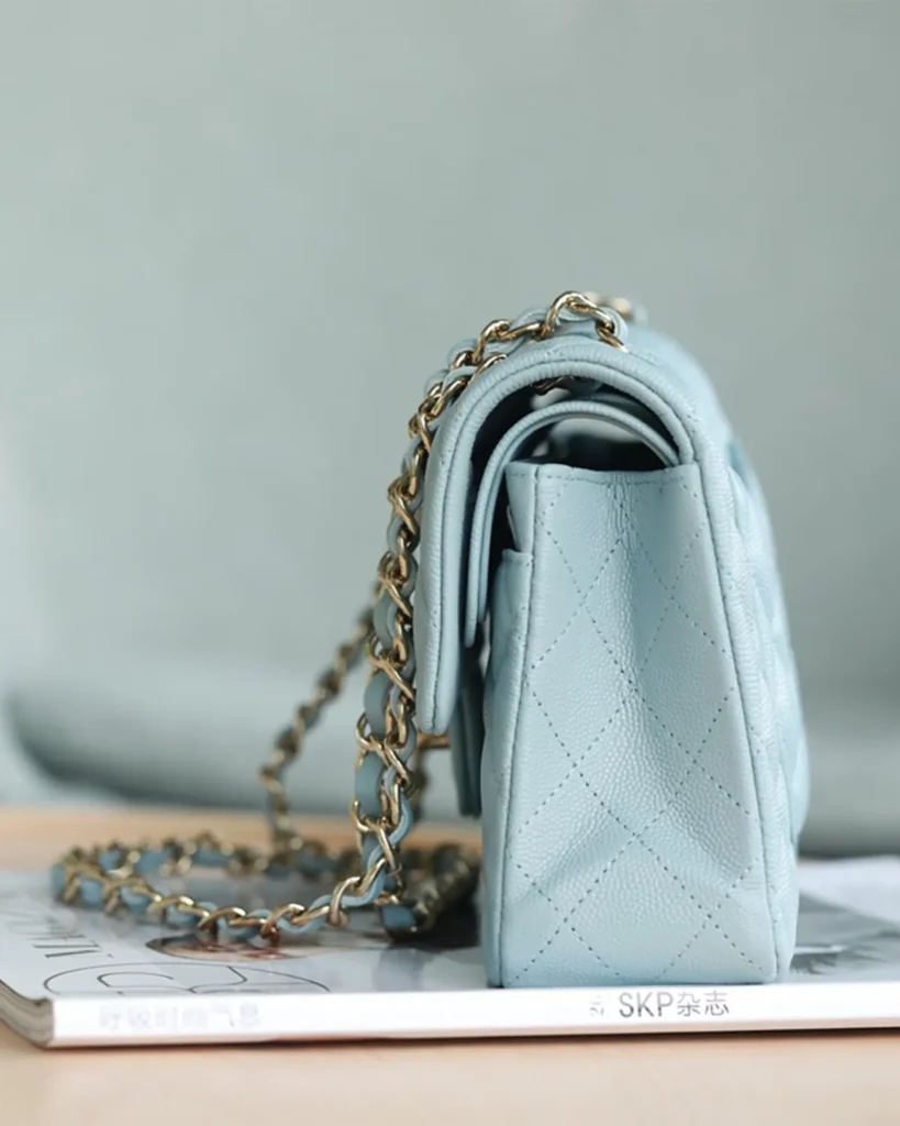 Pale Blue Quilted Gold-Tone Chain Flap Bag — side view