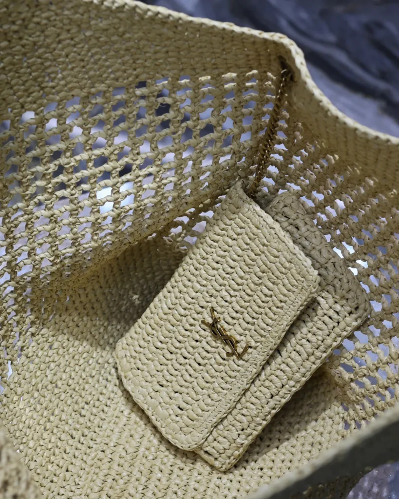 Natural-Tone Open-Weave Tote with Pouch — interior pouch view
