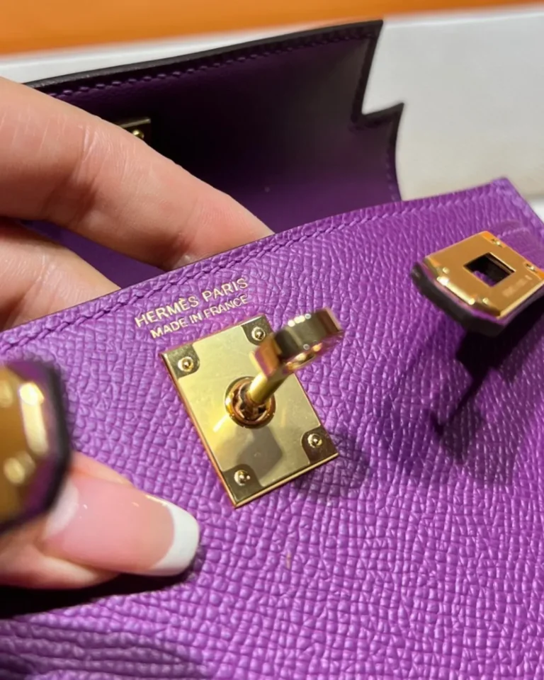 Kelly-Inspired Mini Anemone Purple Top-Handle Bag, turn-lock close-up
