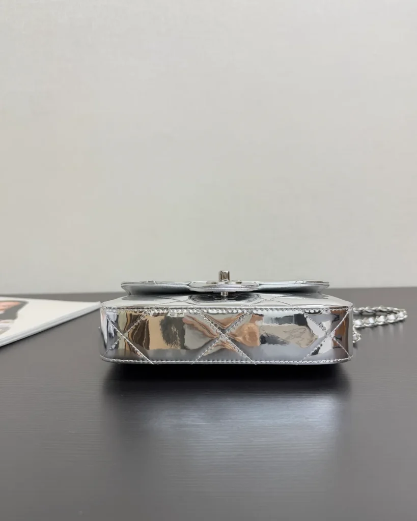 Metallic Silver Quilted Top-Handle Flap Bag — base view