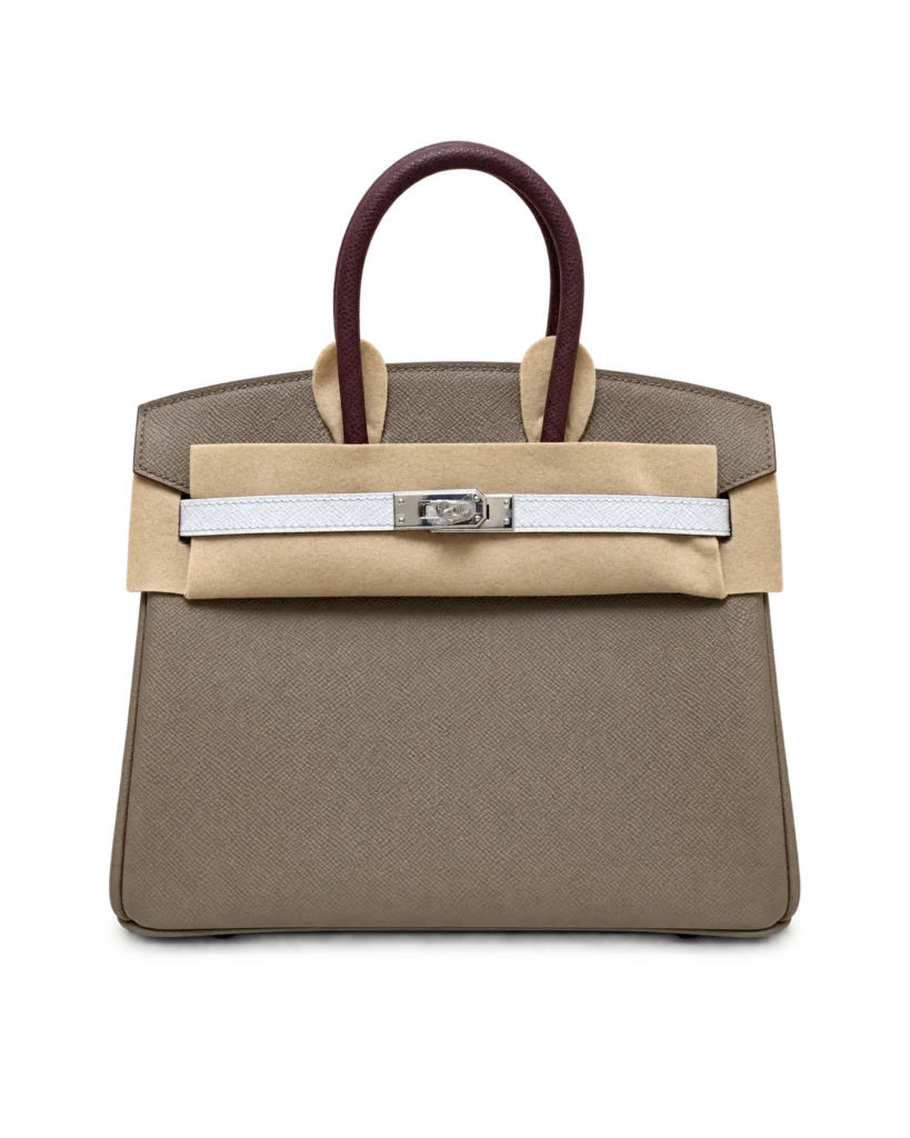 Taupe Burgundy White Top-Handle Bag — front view with protective felt