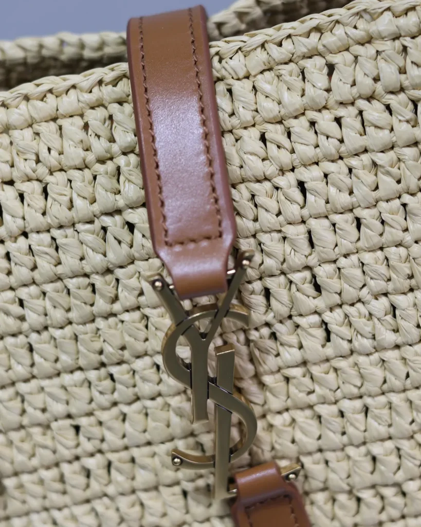 Natural-Tone Woven Tote with Brown Handles — logo detail view