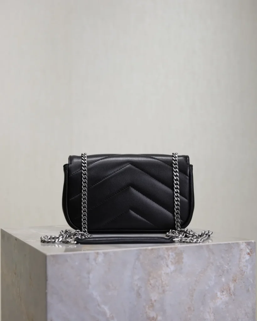 Black Chevron Flap Bag with Silver-Tone Chain — back view