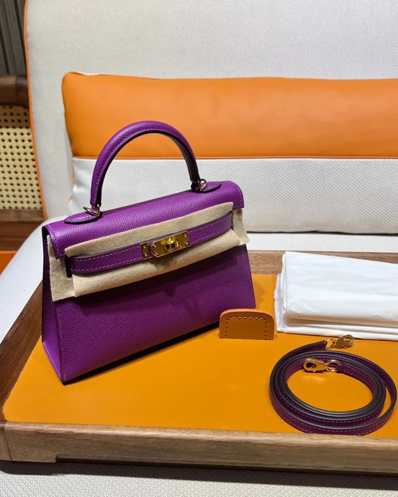 Kelly-Inspired Mini Anemone Purple Top-Handle Bag, front with separate strap