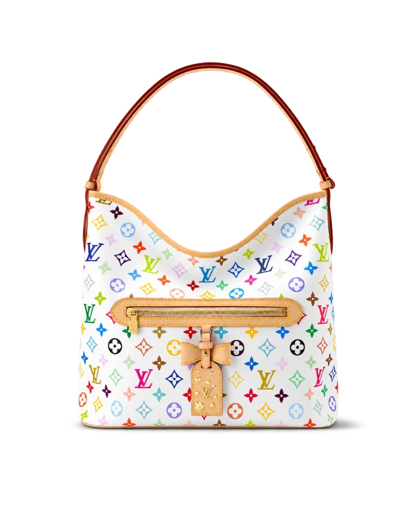 White Multicolor Monogram Bow Hobo Bag — upright front view