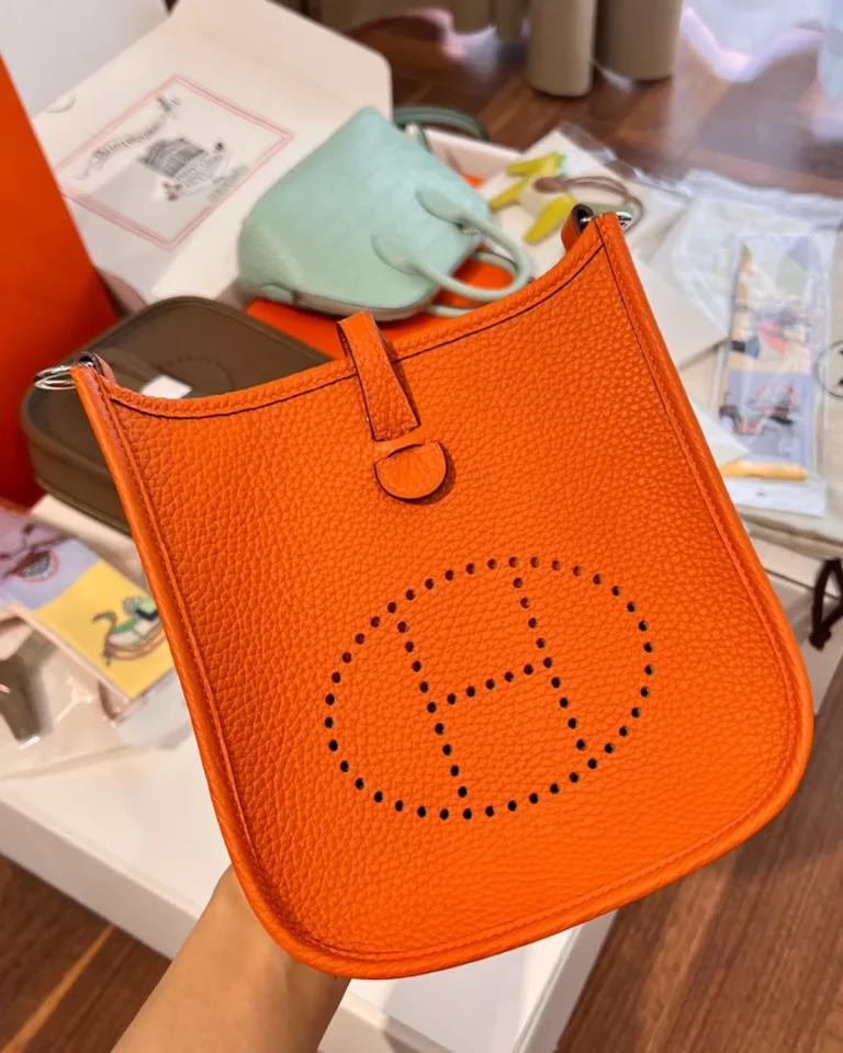 Evelyne-Inspired Mini Orange Crossbody Bag, front held for scale