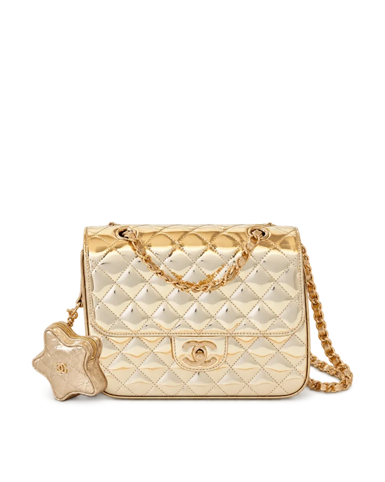 Metallic Gold Quilted Star-Charm Flap Bag — upright front view