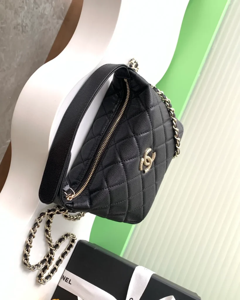 Black Quilted Short-Handle Shoulder Bag — top view