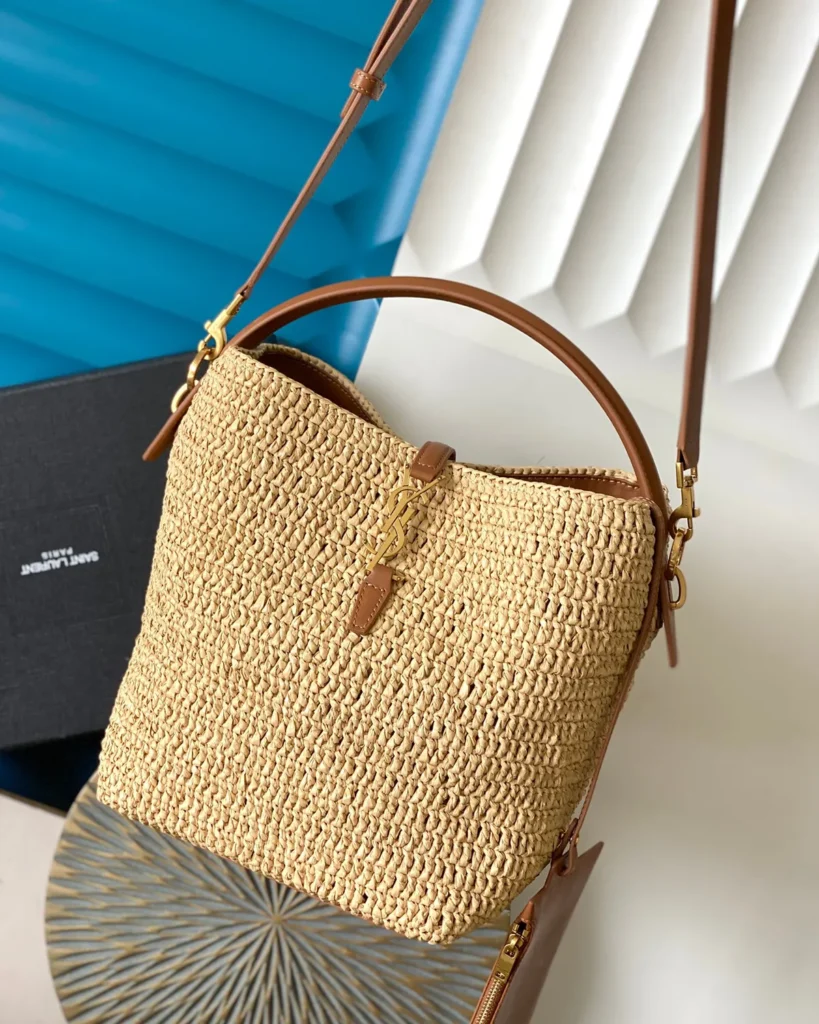 Straw-Tone Woven Bucket Bag with Tan Trim — strap view view
