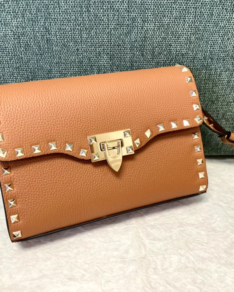 Tan Studded Edge Flap Shoulder Bag — front view