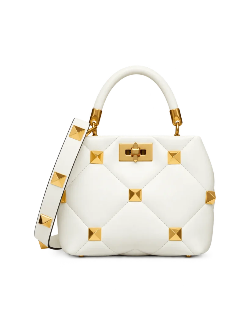 Ivory Diamond-Quilted Studded Top-Handle Bag — main view