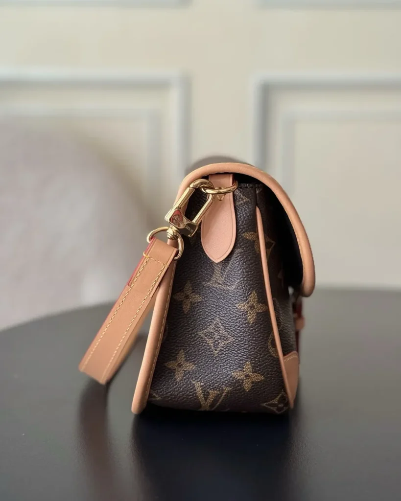 Brown Monogram Buckle Satchel — side view