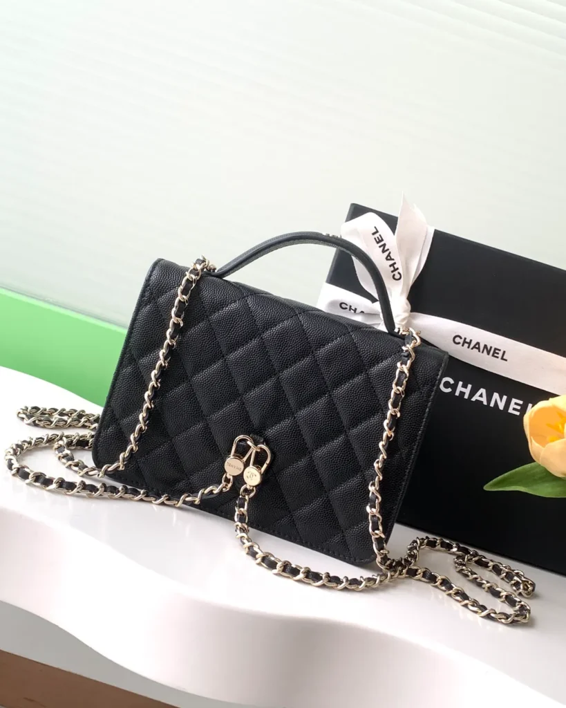Black Quilted Top-Handle Chain Clutch — rear view