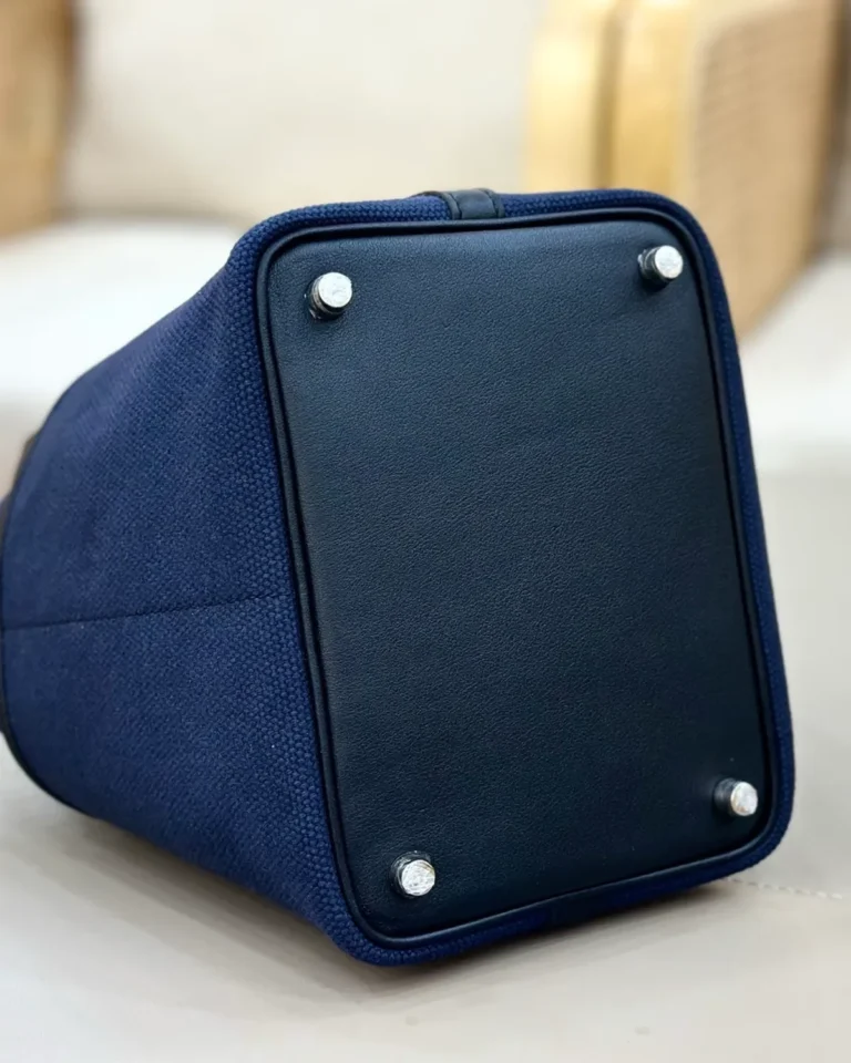 Picotin-Inspired Navy Textured Bucket Tote, base and metal feet