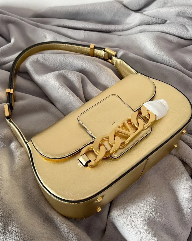 Metallic Gold-Tone Chain-Detail Shoulder Bag — angled top view