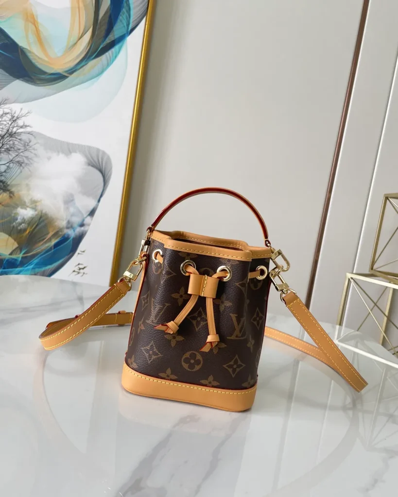 Brown Monogram Tan-Trim Drawstring Bucket Bag — front view