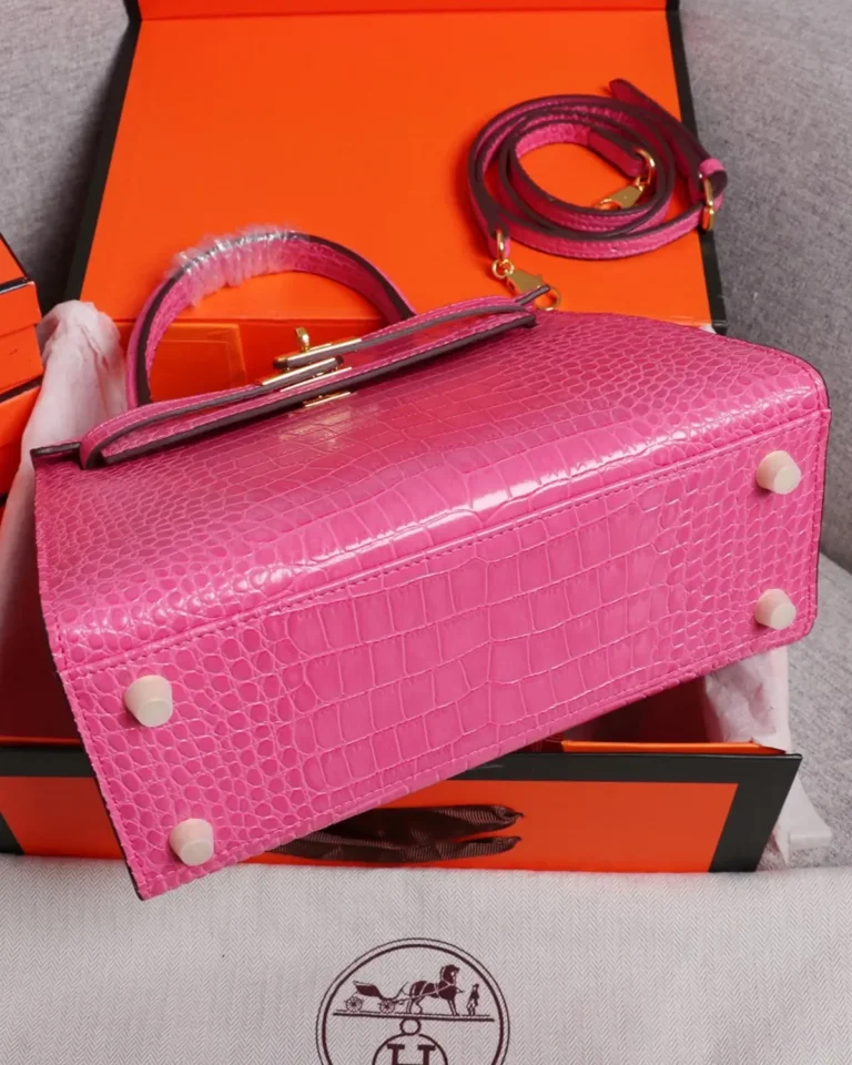 Kelly-Inspired Pink Croc-Pattern Top-Handle Bag, base and metal feet