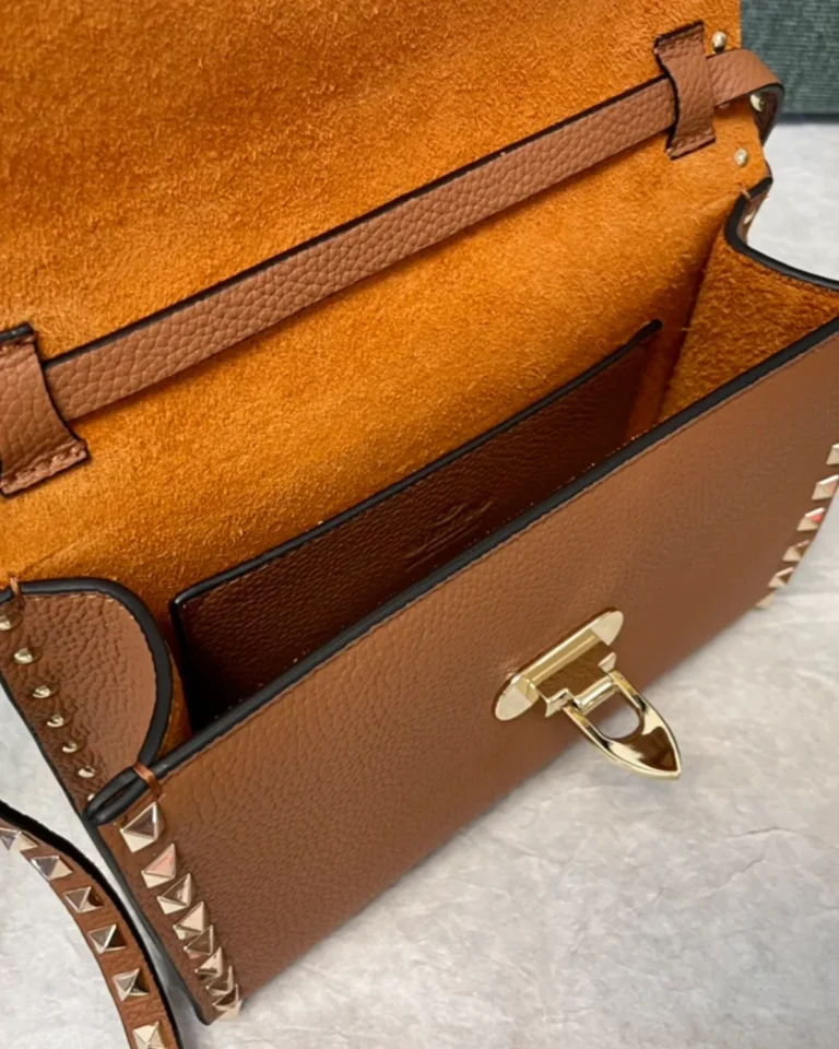 Tan Studded Edge Flap Shoulder Bag — interior view