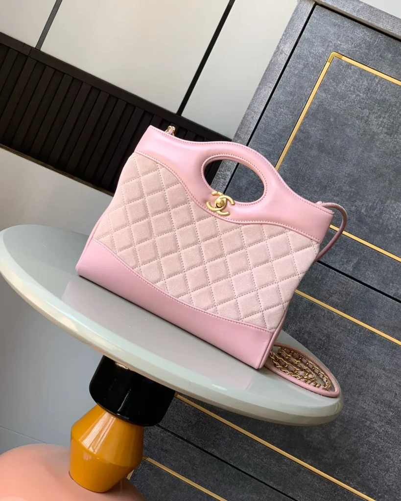 Pink Quilted Cutout-Handle Tote — front view