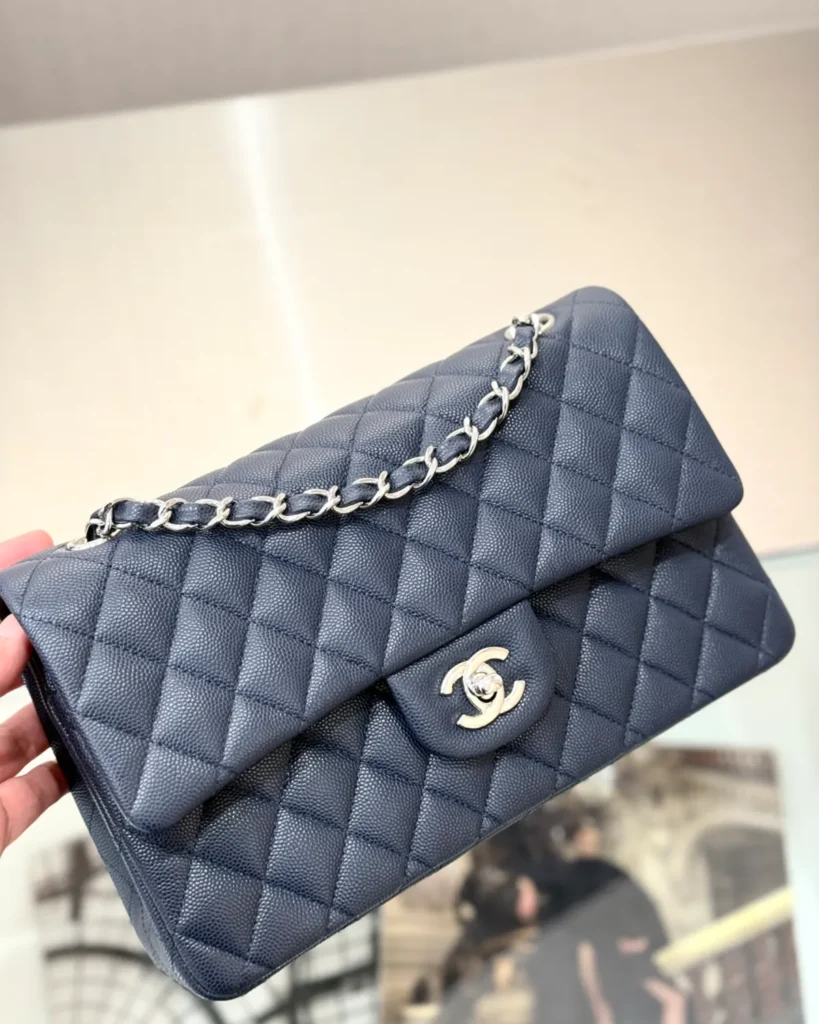 Slate Blue Quilted Chain Flap Bag — handheld view view