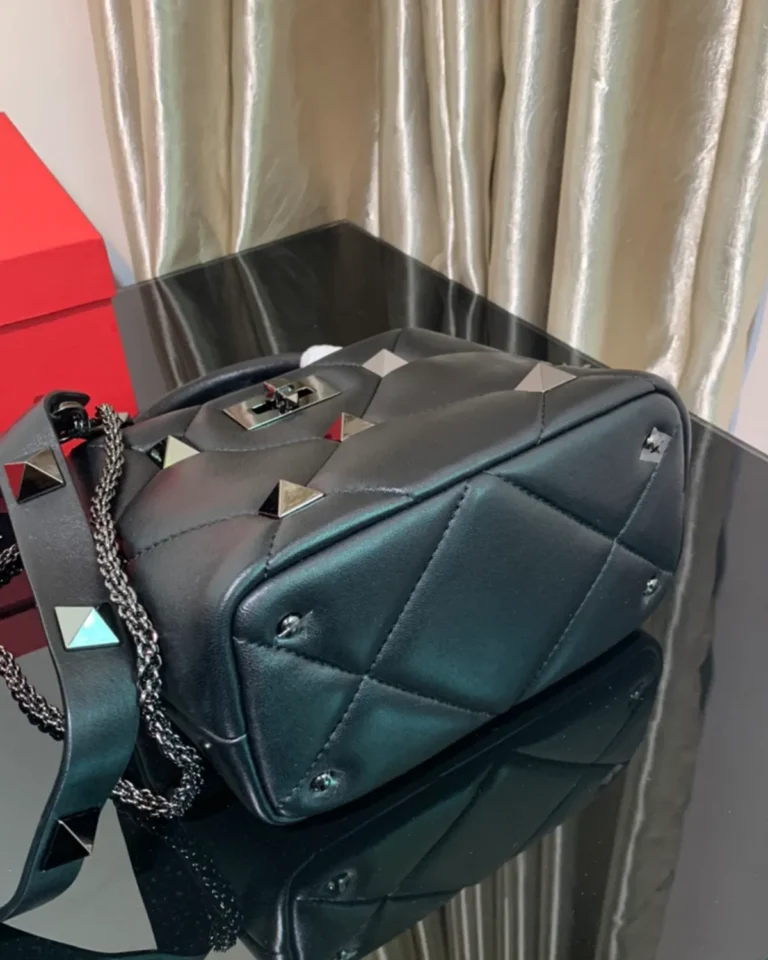 Black Diamond-Quilted Studded Top-Handle Bag — base view